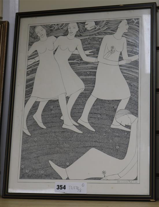 Hannah Frank (Scottish 1908-2008), black and white lithograph, Spring Frieze, 1945, 38 x 28cm